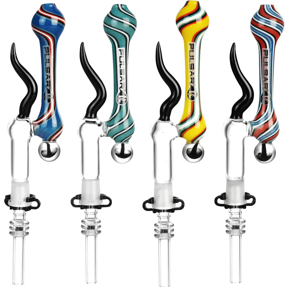 Pulsar High End Horned Glass Dab Straws with Quartz Tips, Side View, Various Colors