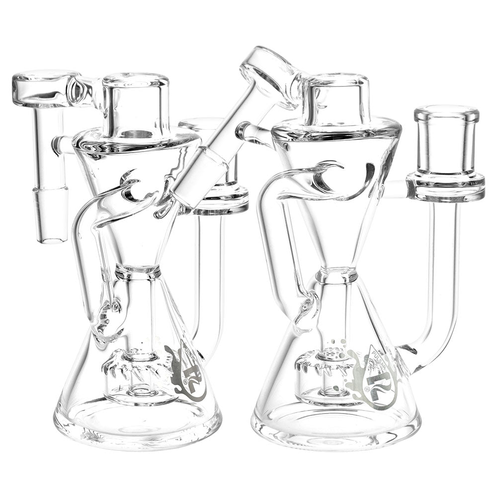 Pulsar Hourglass Recycler Ash Catcher, 5.25" tall, 14mm joint, clear borosilicate glass, front view