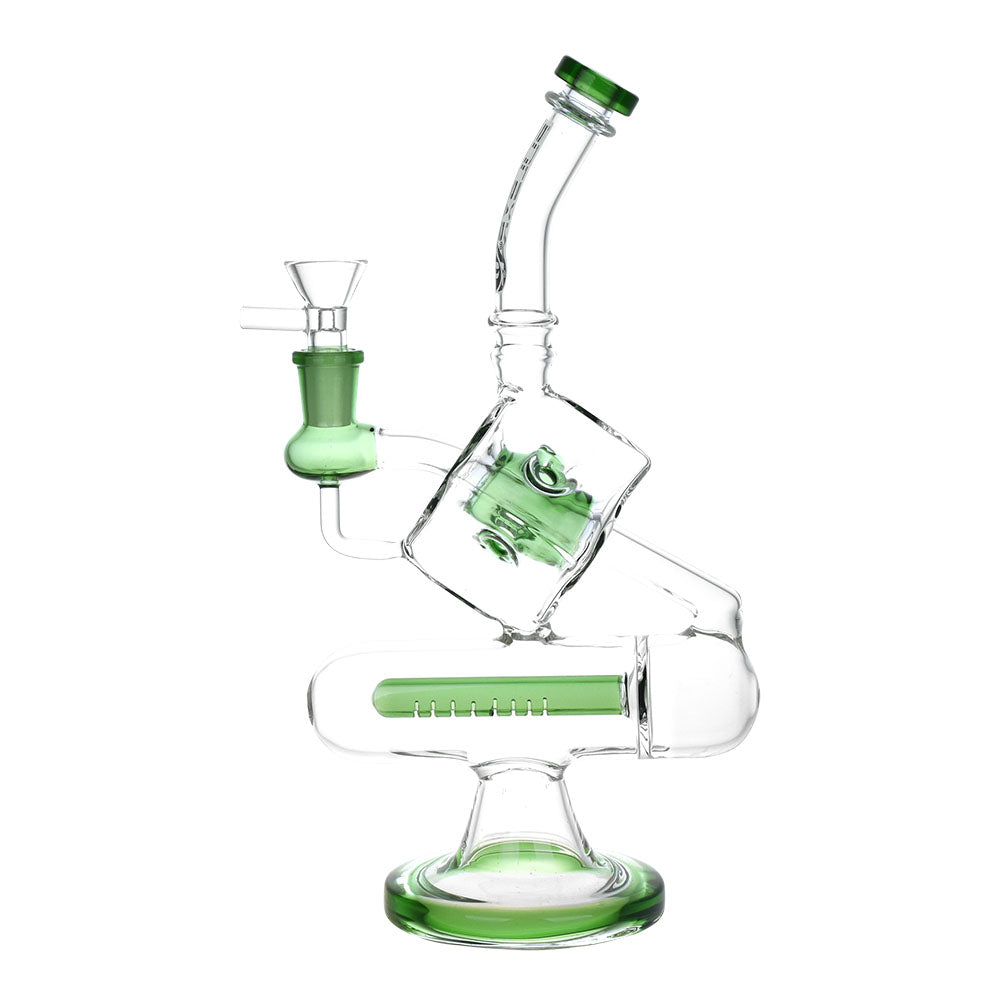 Pulsar Inception Cube Water Pipe, 10.5" tall with 14mm Female joint, Borosilicate Glass, Green accents