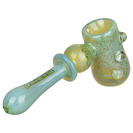 Pulsar Glass Hammer Bubbler with Melting Shrooms design, 5.25" side view on white