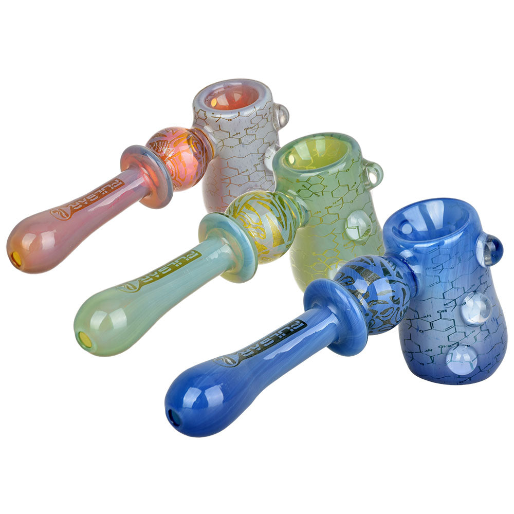 Assortment of Pulsar Glass Hammer Bubblers with THC Blueprint Design, 5.25" Height