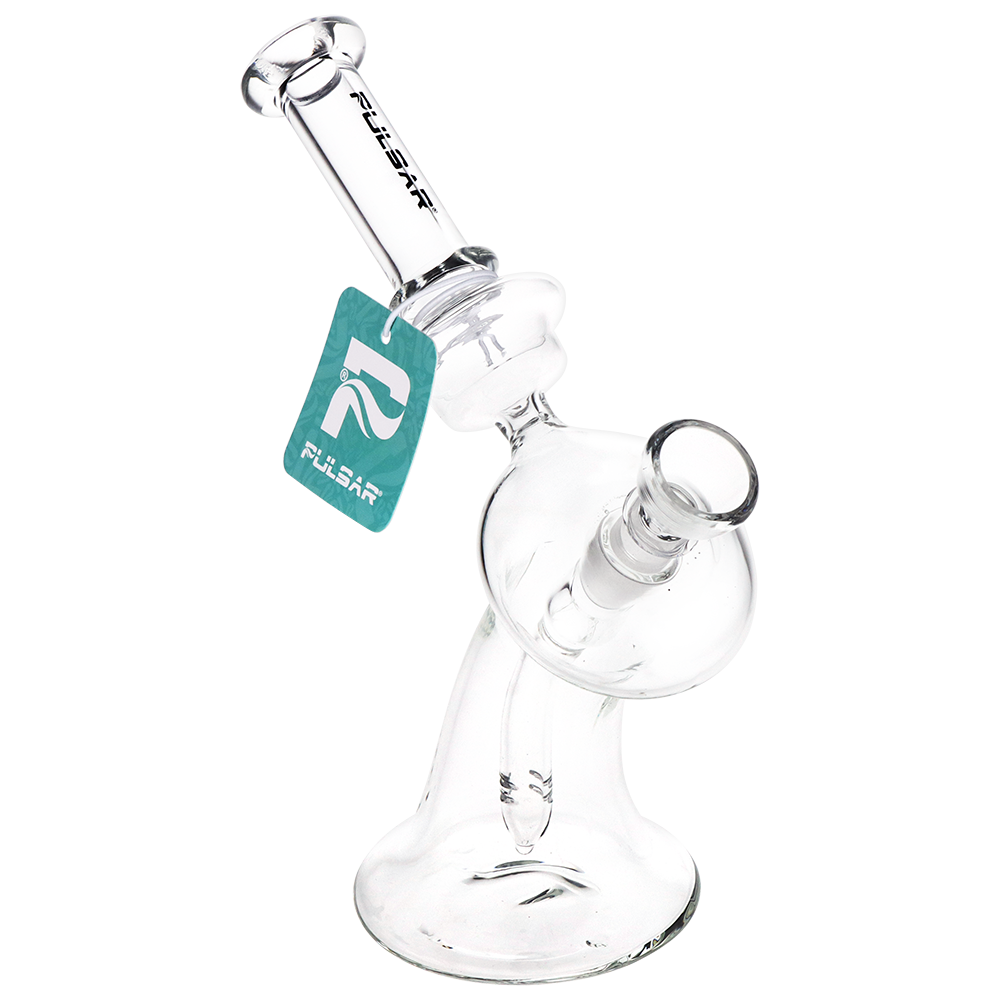 Pulsar Kicked Back 7.75 inch clear glass bong in borosilicate glass with a kicked over base