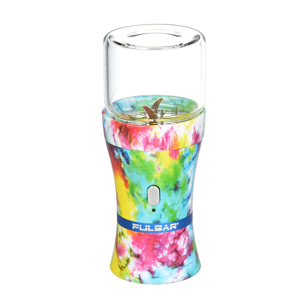 Pulsar King Kut Electric Herb Grinder in vibrant tie-dye design with clear glass top, front view