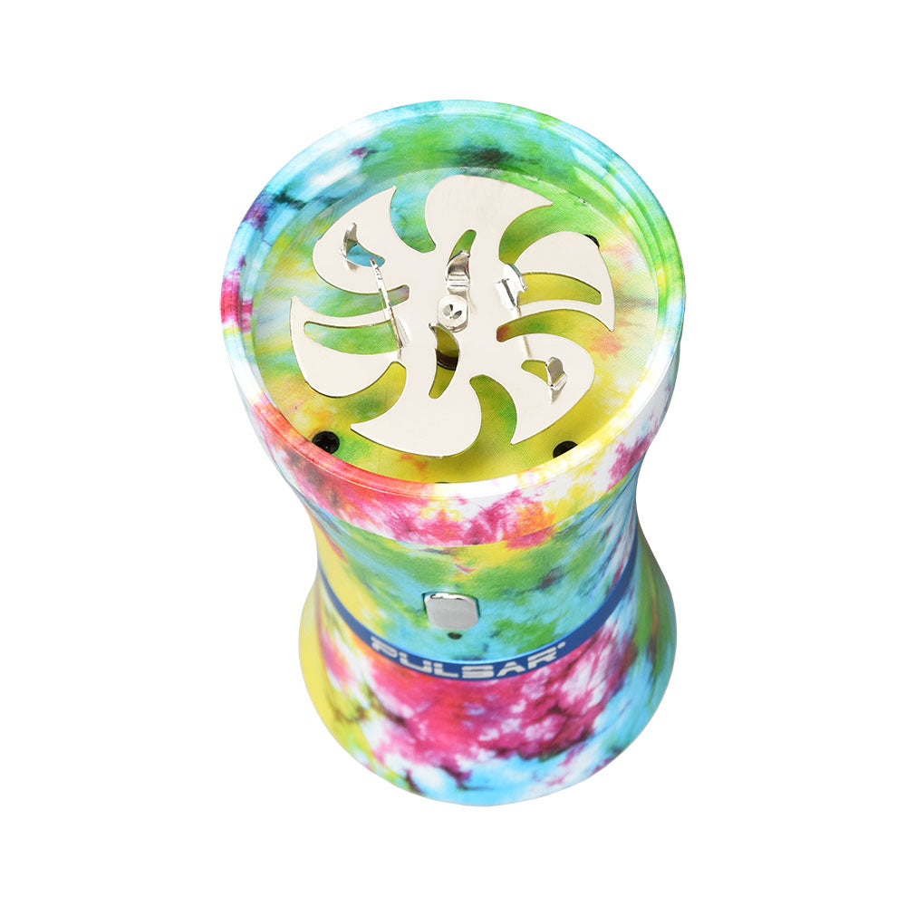 Pulsar King Kut Electric Herb Grinder in tie-dye colors, top view showing deep grinding chamber