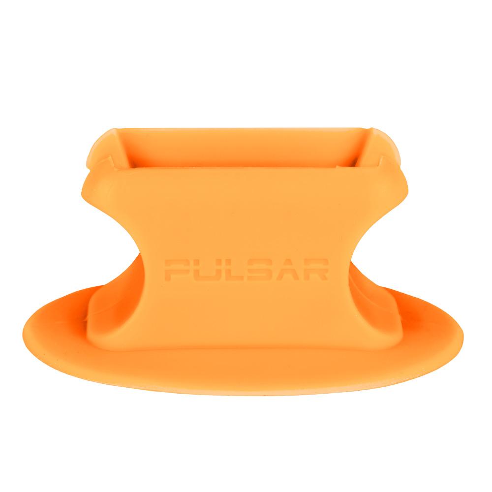 Pulsar Knuckle Bubbler Stand in orange silicone, front view on white background, compact and durable