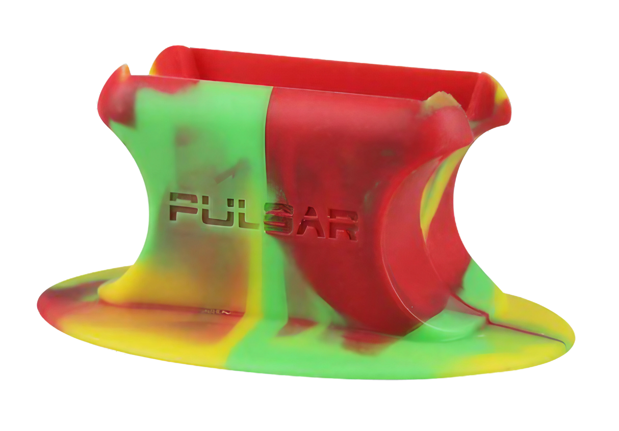 Pulsar Knuckle Bubbler Stand in Rasta colors, front view on a seamless white background