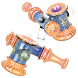 Pulsar Looking Glass Side Car Bubbler Pipe with intricate blue and orange design, angled side view