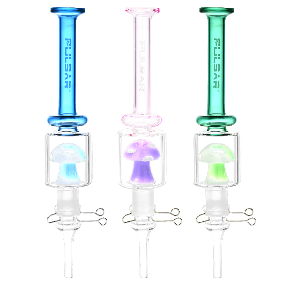 Pulsar Magic Shroom Quartz Tip Vapor Vessels in blue, pink, and green, front view on white background