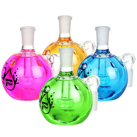 Pulsar Magic Sphere Glycerin Ash Catchers in pink, amber, blue, and green with 14mm joint and disc percolator