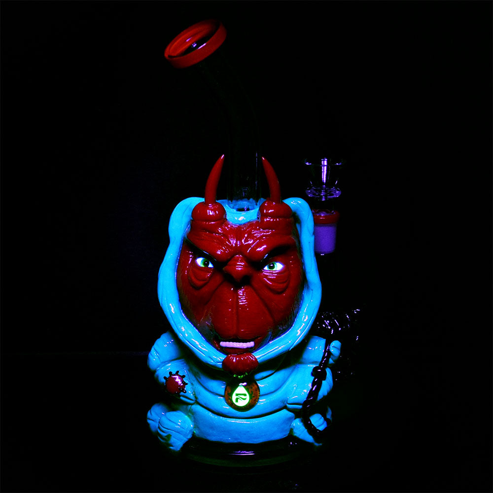 Pulsar Malice In Wonderland Water Pipe, 9.5" tall, 14mm female joint, with honeycomb perc, front view