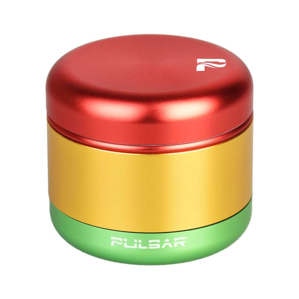 Pulsar Matte Grinder in Rasta colors, 4-Piece design, compact 2.25" diameter, front view on white background