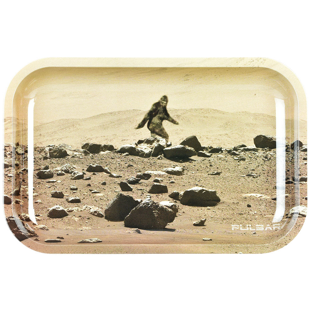 Pulsar Metal Rolling Tray with Bigfoot on Mars design, 11" x 7" size, top view