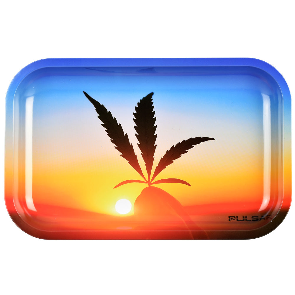 Pulsar Metal Rolling Tray with Leafy Sunset Design, Durable 11" x 7" Size, Front View