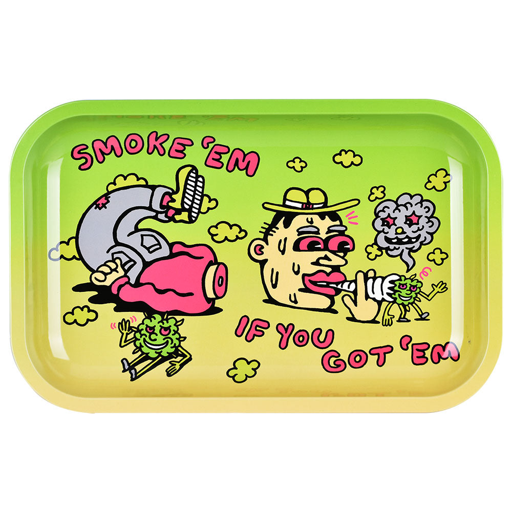 Pulsar Metal Rolling Tray 'Smoke 'Em' design, 11" x 7", vibrant colors, top view, medium size