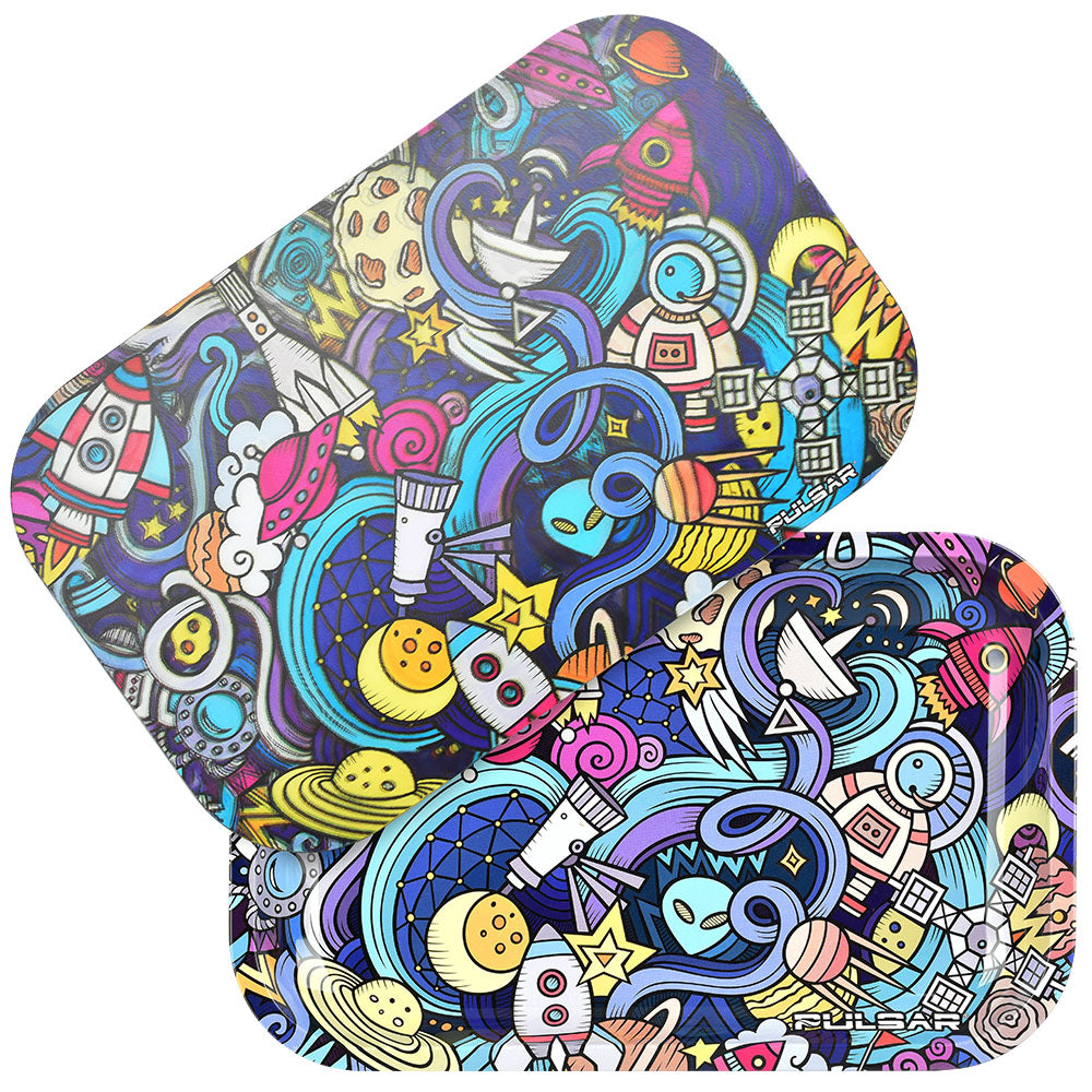 Pulsar Metal Rolling Tray with Vibrant 3D Space Junk Design, 11"x7", Medium Size, Top View