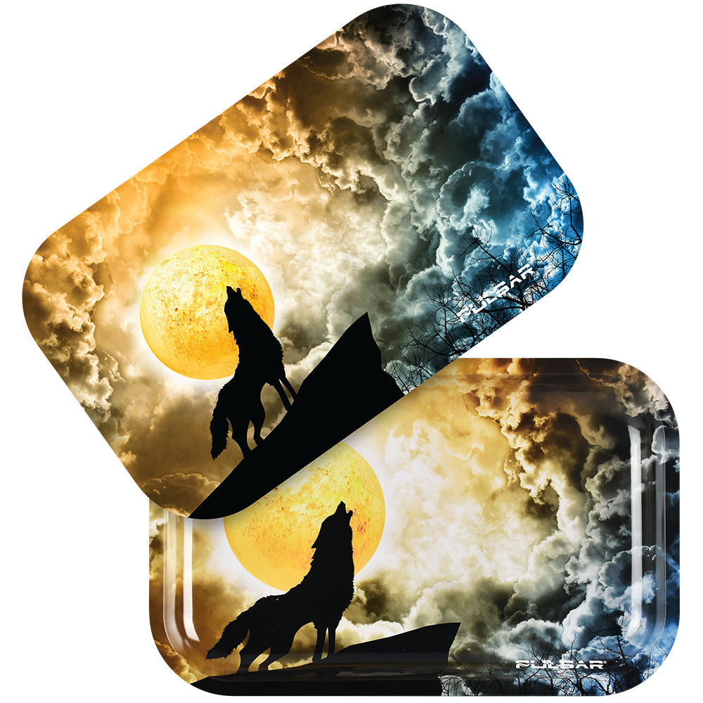 Pulsar Metal Rolling Tray with Lid, 11"x7", Howl at the Clouds Glow design, top and open view.