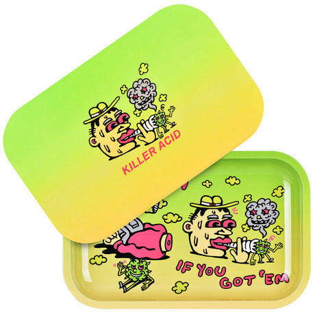 Pulsar Metal Rolling Tray with Lid featuring vibrant Smoke 'Em design, 11"x7" size, top view