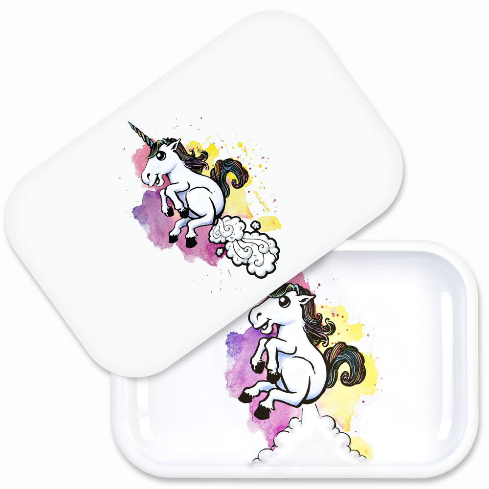 Pulsar Metal Rolling Tray with Farticorn Design and Lid - 11" x 7" Top View