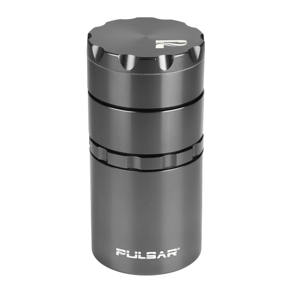 Pulsar 4-Piece Metal Grinder in Gun Metal with Storage Compartment - Front View