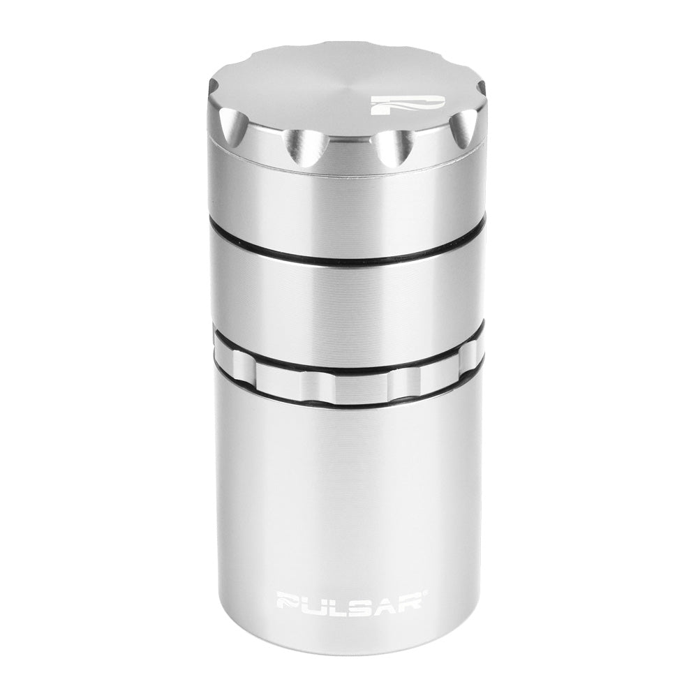 Pulsar 4-Piece Metal Grinder and Storage in Silver, Front View, Compact and Durable