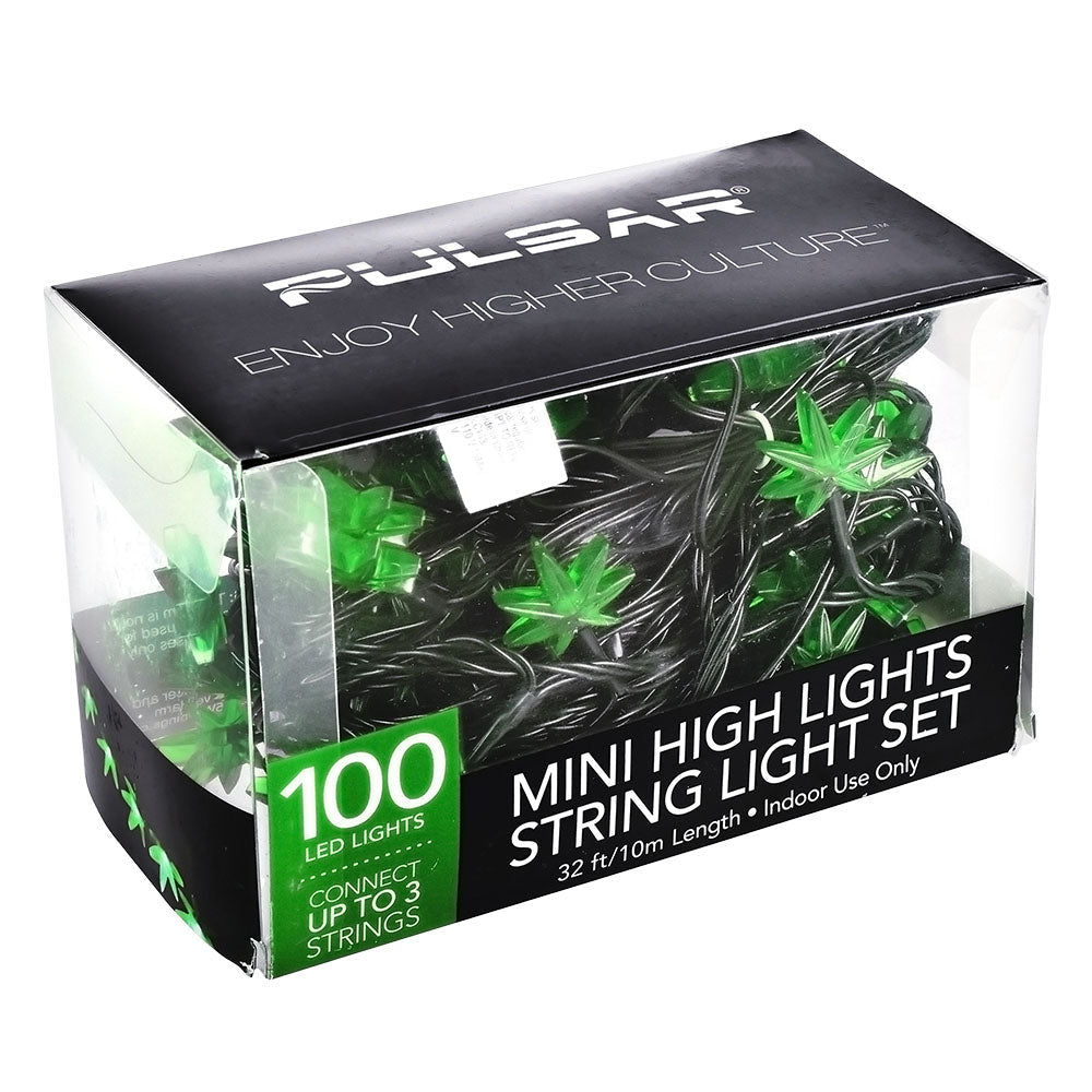 Pulsar Mini High Lights Hemp Leaf LED String Light Set in packaging, 100ct, 32ft length