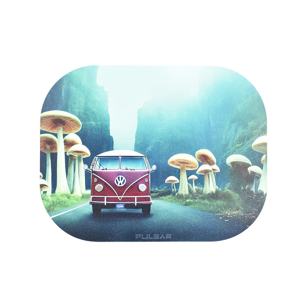 Pulsar Mini Metal Rolling Tray w/ Lid featuring a Camper Van and Mushrooms, Magnetic, 7"x5.5"