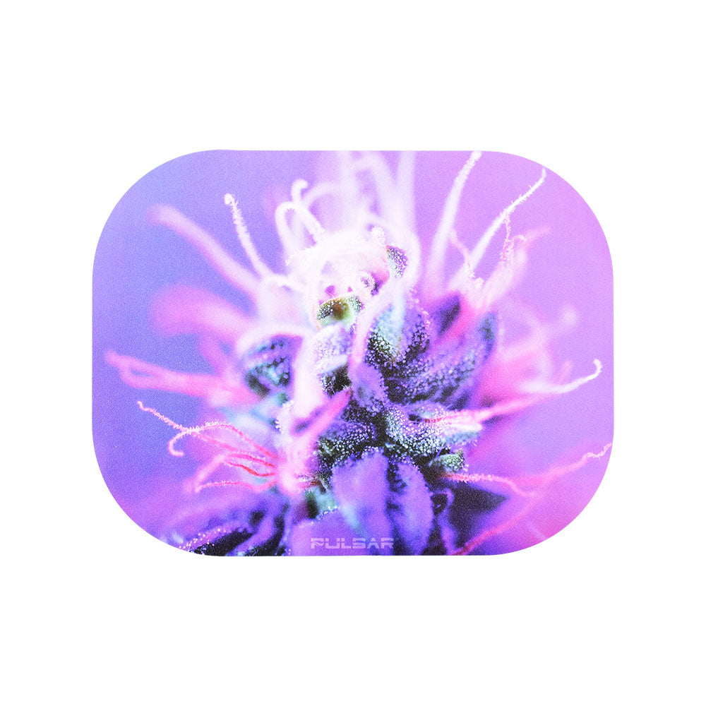 Pulsar Mini Metal Rolling Tray with Lid featuring a vibrant flowering design, compact 7"x5.5" size