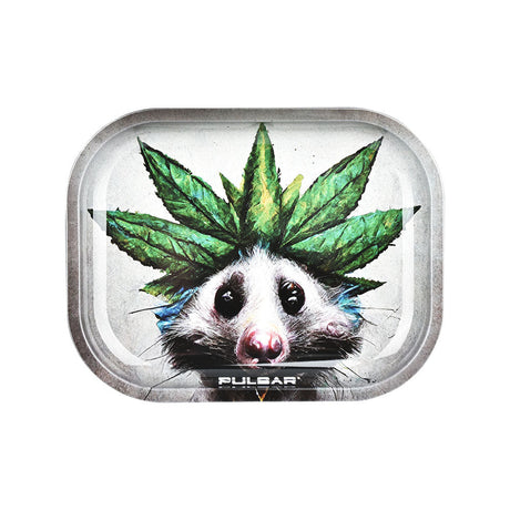 Pulsar Mini Metal Rolling Tray with Lid featuring an Opossum and Cannabis Leaf design, 7"x5.5" size
