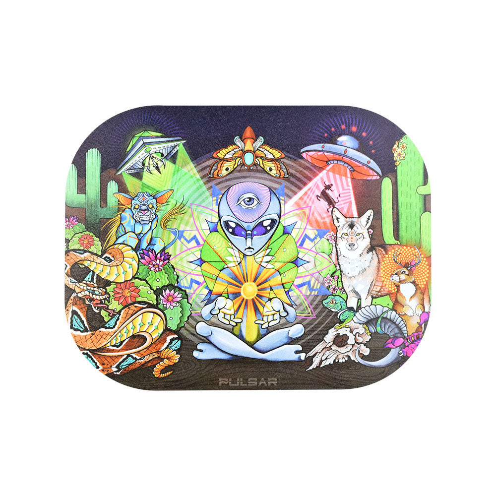 Pulsar Mini Metal Rolling Tray with Lid featuring a Psychedelic Desert design, 7"x5.5", top view