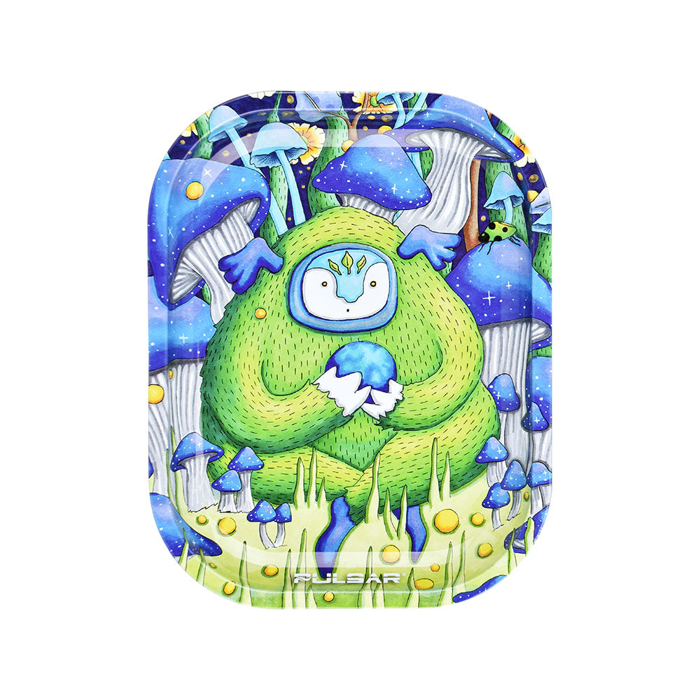 Pulsar Mini Metal Rolling Tray w/ Lid featuring a vibrant mushroom and creature design, 7"x5.5" top view