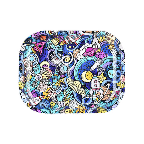 Pulsar Mini Metal Rolling Tray with Lid featuring vibrant Space Junk design, compact 7"x5.5" size for easy handling