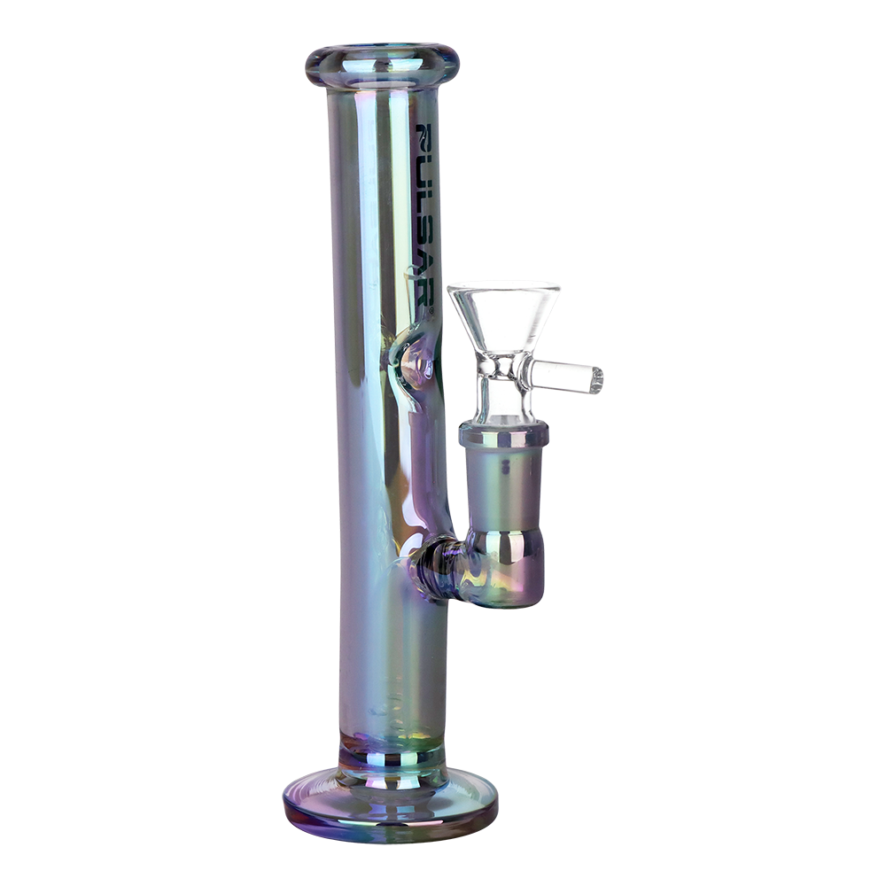 Pulsar Mini Straight Tube glass bong in iridescent blue, packaged with two other bongs in the set