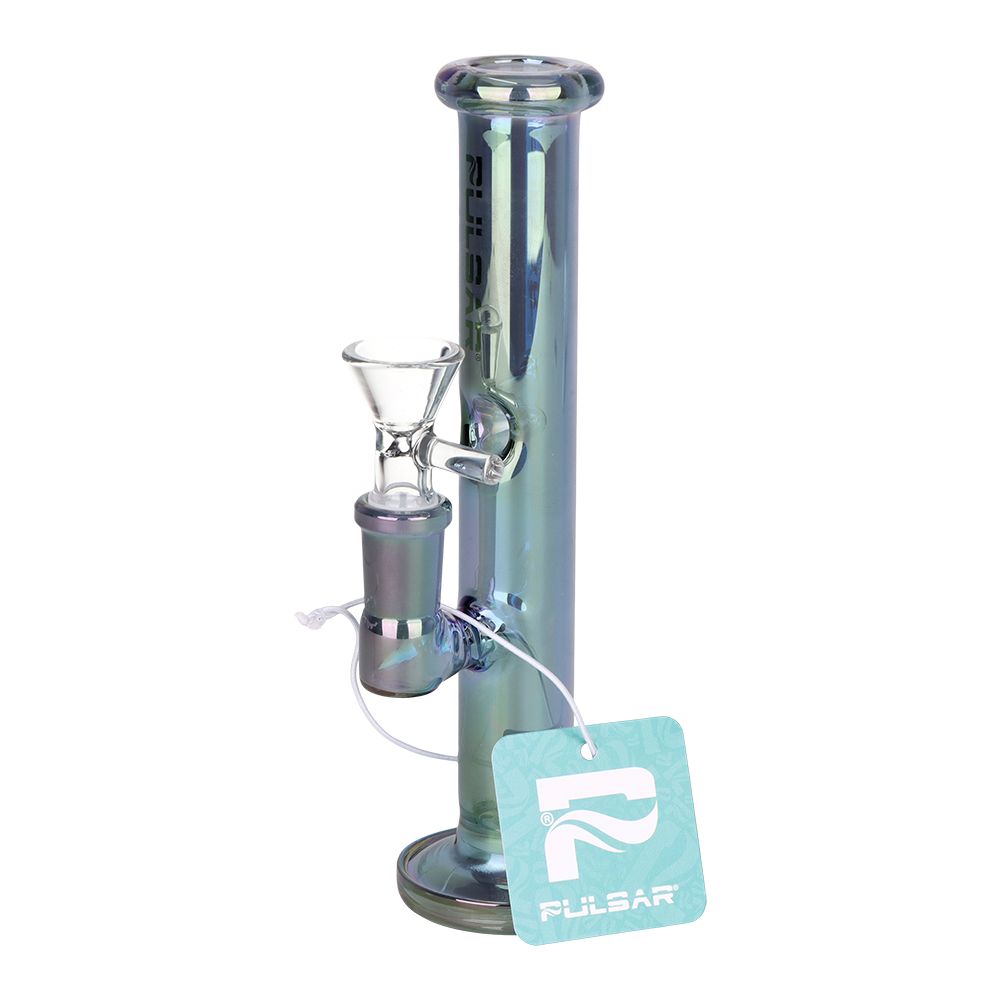 Pulsar Mini Straight Tube glass bong in iridescent rainbow, one of three colors in the 3-count bundle