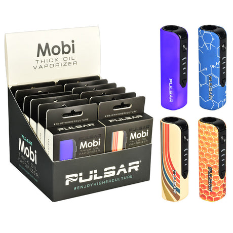 Pulsar Mobi 510 Battery display with various colorful designs, 650mAh capacity, front view