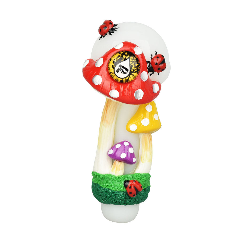 Pulsar Old School Shroom Spoon Pipe with colorful mushroom design, front view on white background