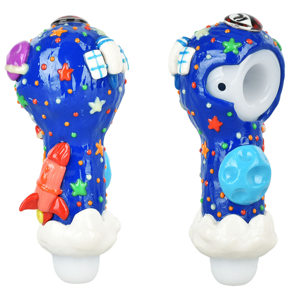 Pulsar Outer Space Borosilicate Glass Hand Pipe, Front and Side View on White