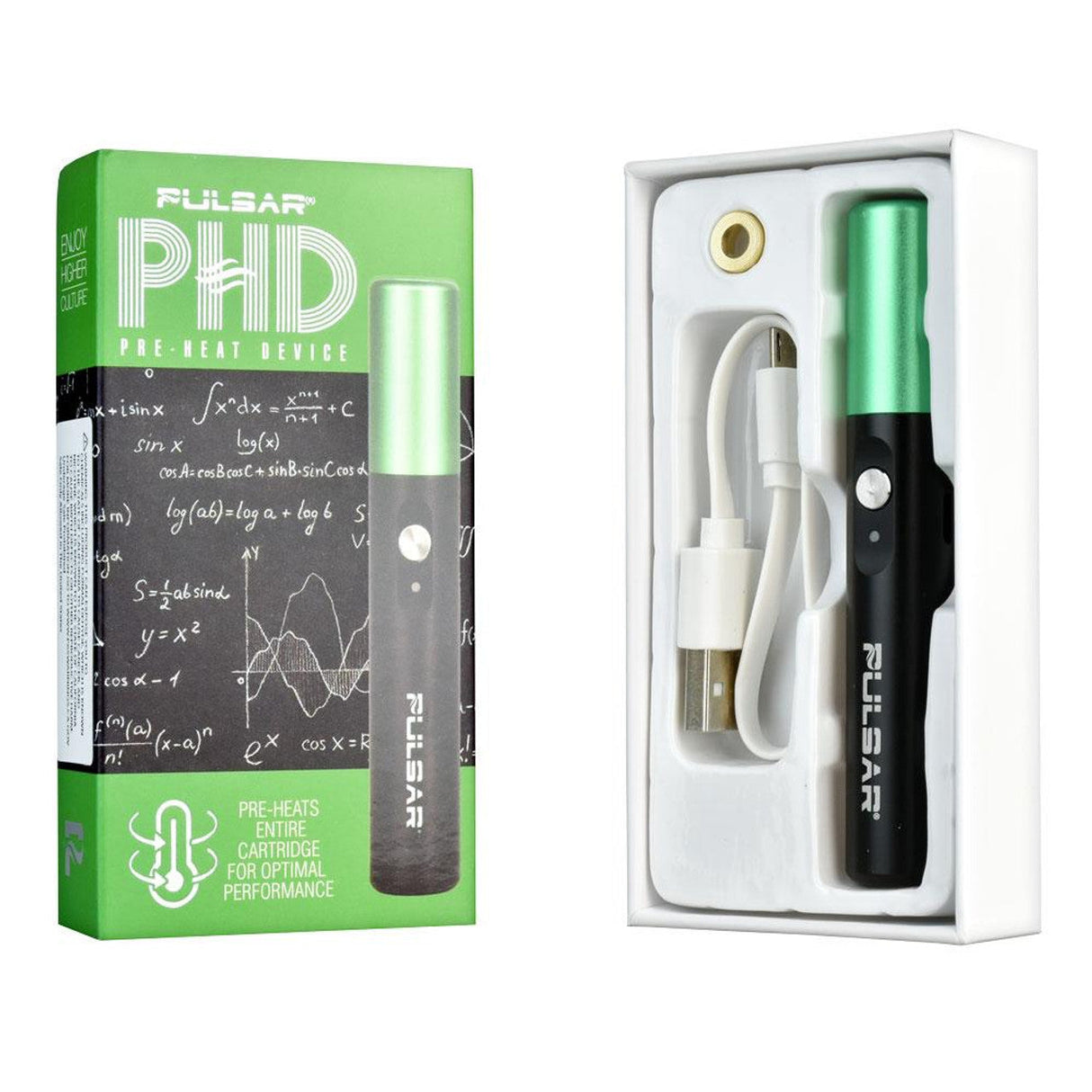 Pulsar PHD Pre-Heat Device 510 Battery, 450mAh capacity, with USB charger, front view packaging