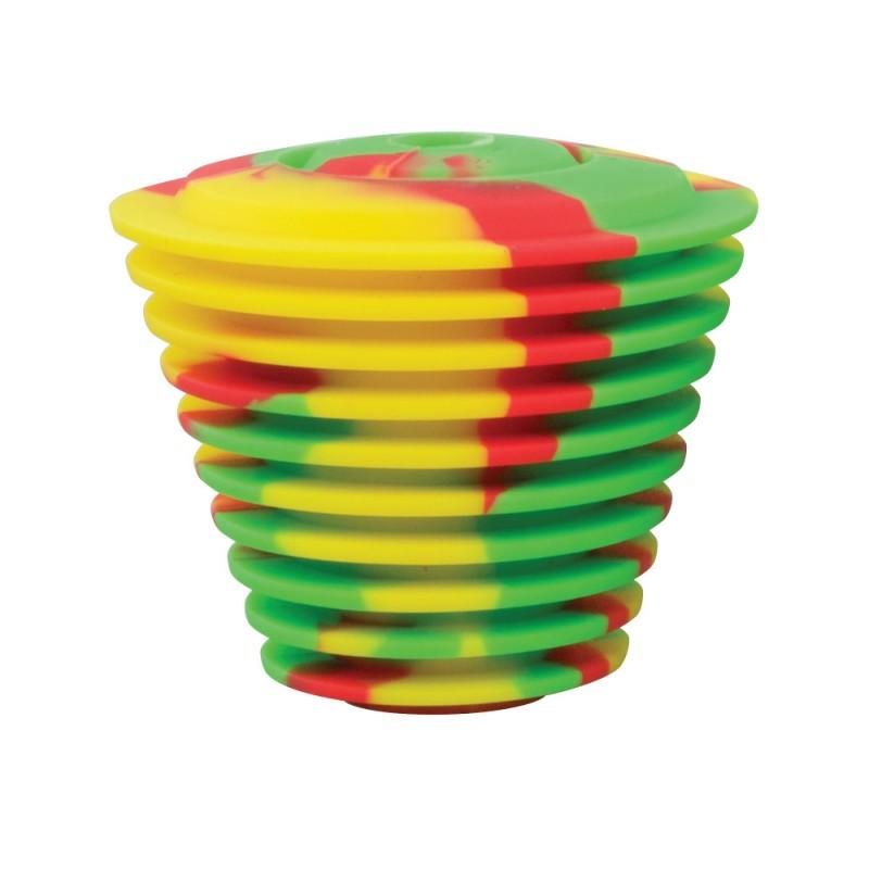 Pulsar Rasta-colored silicone bong cleaning plug on a white background