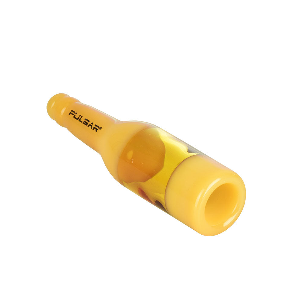 Pulsar Pop Bottle Chillum Pipe in Amber, 3.5" 14mm, Borosilicate Glass, Angled Side View