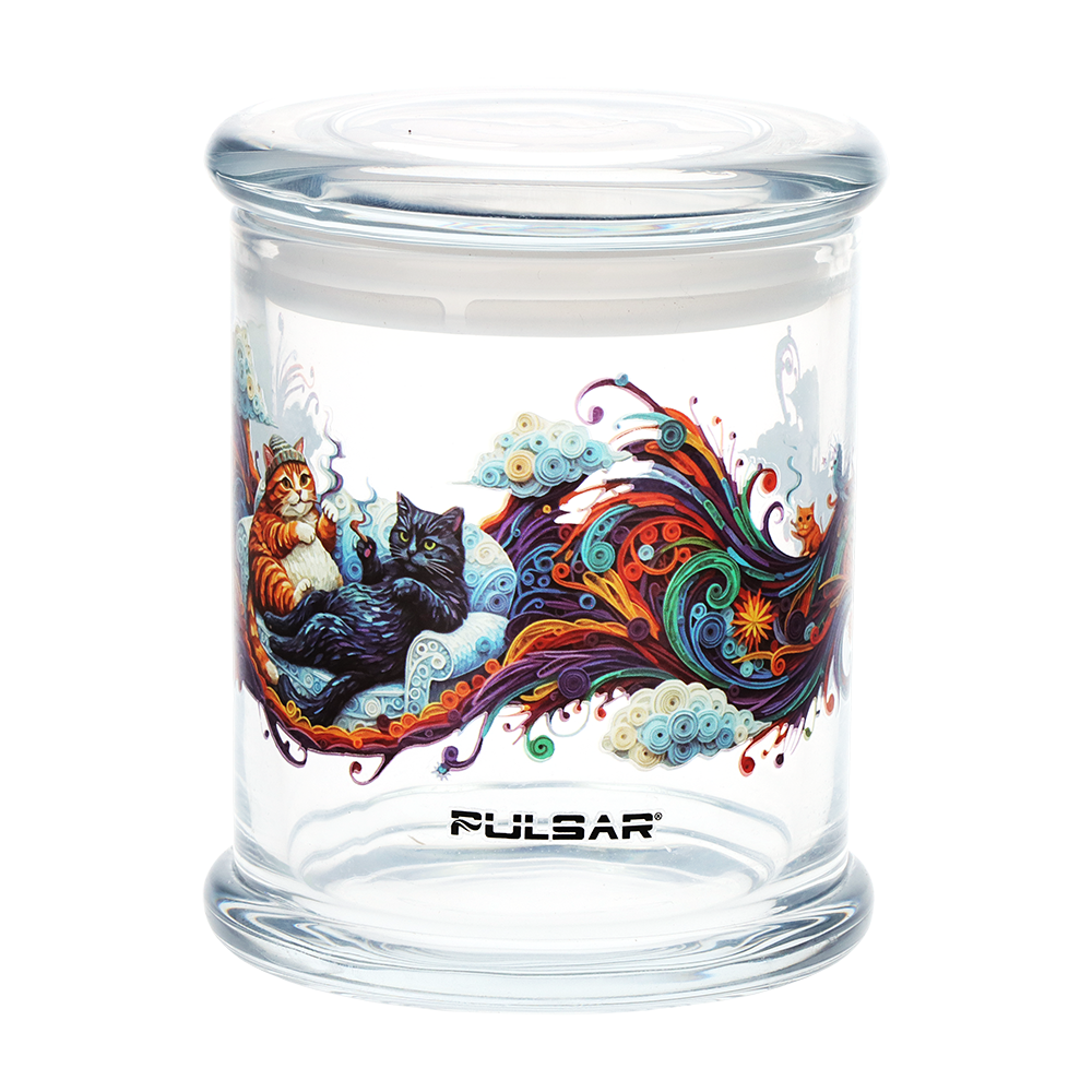 Pulsar Catatonic and Cannabis design options for the large glass stash jar with an airtight pop top lid
