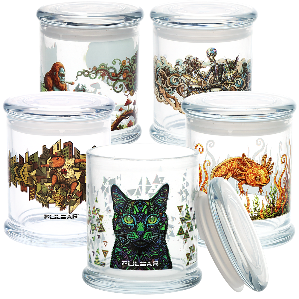 Pulsar Pop Top 4.5 inch large glass stash jar with an airtight pop top lid and 500mL capacity
