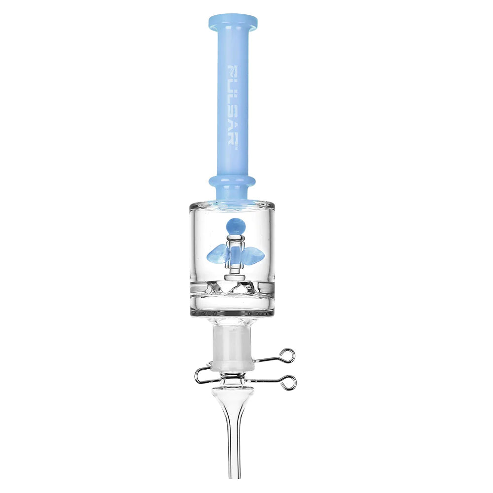 Pulsar Propeller Vapor Vessel, 9" borosilicate glass dab straw with blue accents, front view
