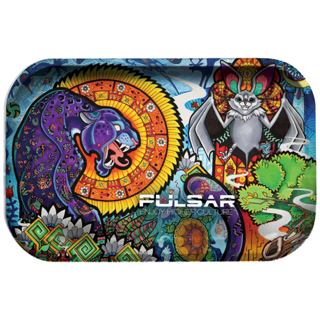 Pulsar Psychedelic Jungle Metal Rolling Tray with vibrant artwork, 11" x 7" size, top view