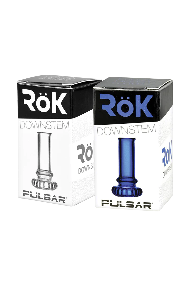 Pulsar RoK Disc Perc Replacement Downstems in clear and blue borosilicate glass, front view with packaging