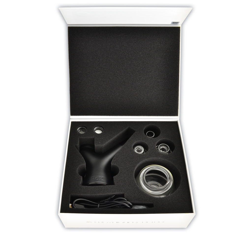 Pulsar RöK Limited Edition Glow-in-the-Dark Electric Dab Rig - Luna, displayed in box with accessories