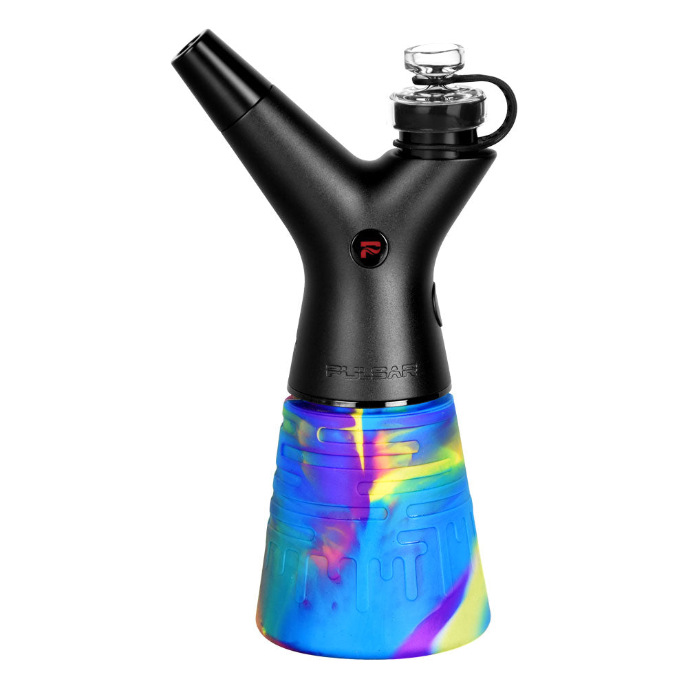 Pulsar RoK Silicone Travel Beaker in Blue Yellow Purple, front view with storage puck for easy travel