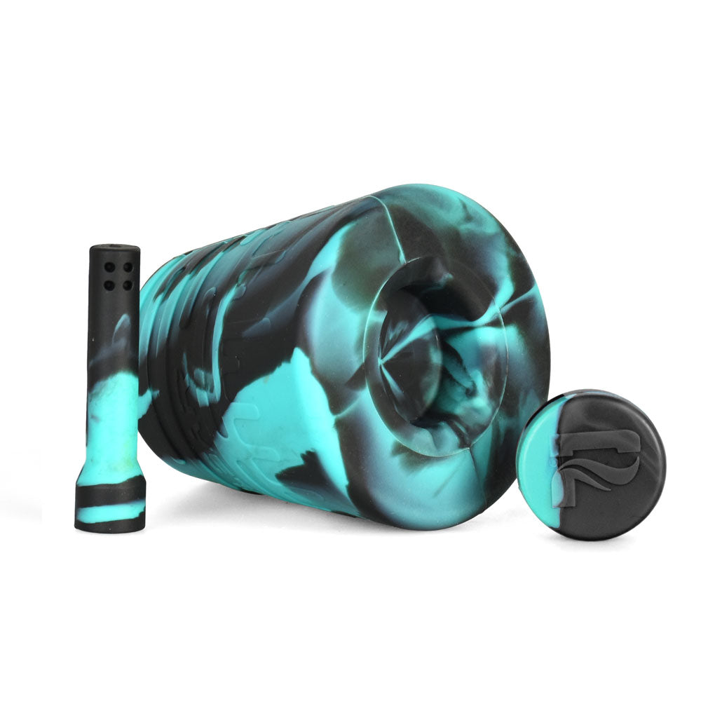 Pulsar RoK Silicone Travel Beaker in black and teal, side view with storage puck