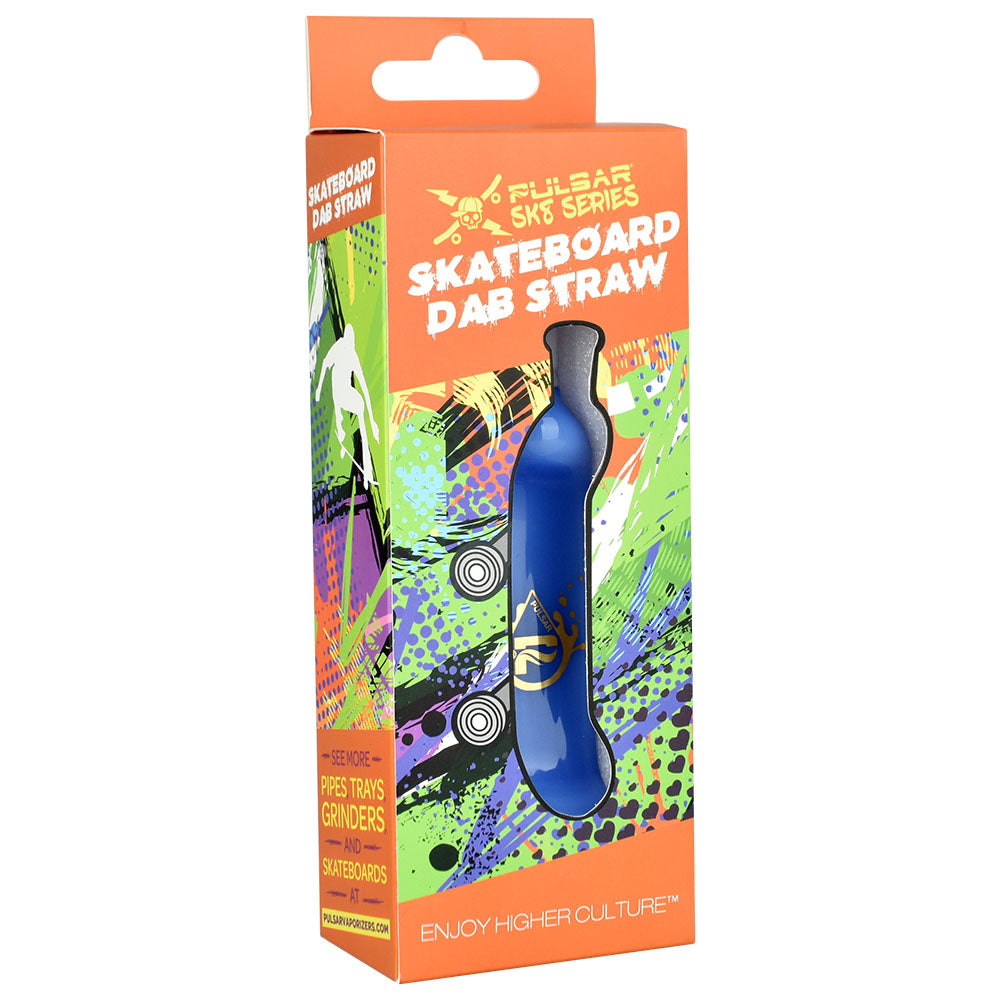 Pulsar Skateboard Dab Straw in Black with Quartz Tip, displayed on vibrant packaging