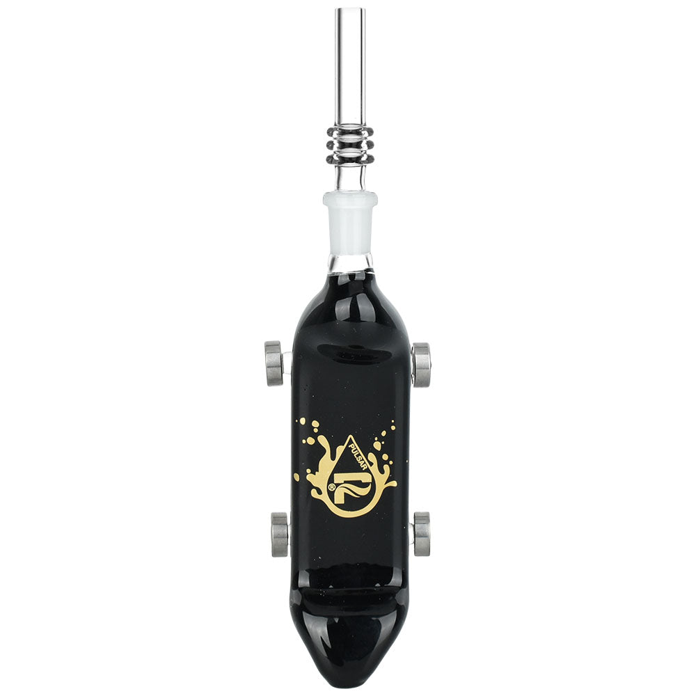 Pulsar Rolling Skateboard Dab Straw & Dish with Quartz Tip, Black Borosilicate Glass, Front View