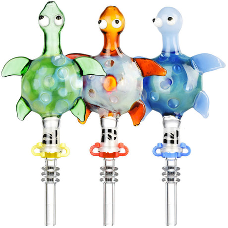Pulsar Sea Turtle Dab Straws in Green, Orange, and Blue with Quartz Tips, Front View